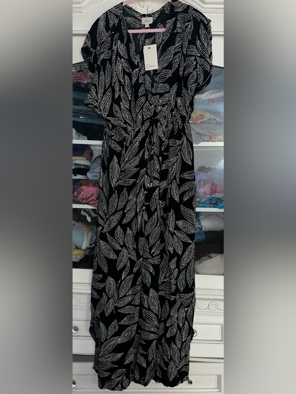 🖤🤍 NWT Lean Black & White Leaf Print Maxi Dress | Effortless Boho Chic